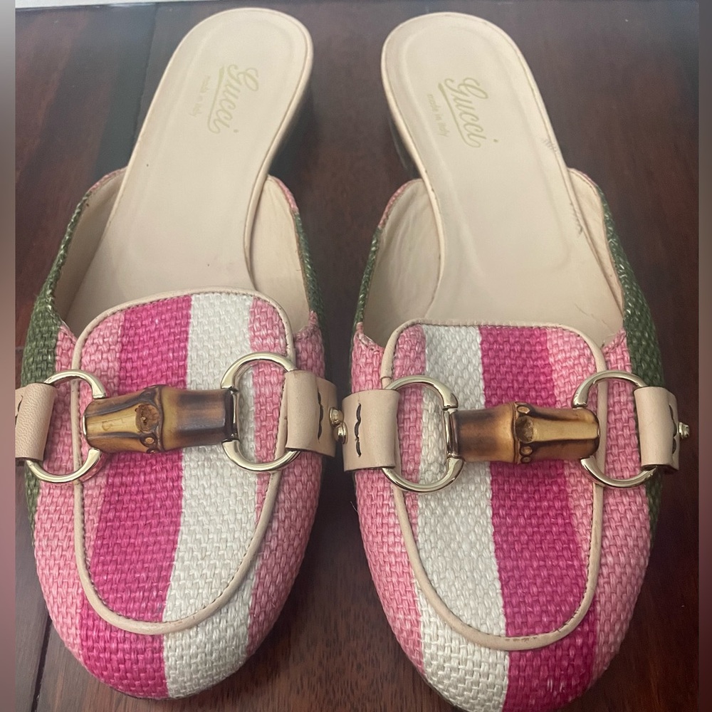 Gucci Authentic Vintage Fabric/ Straw Bamboo Mules